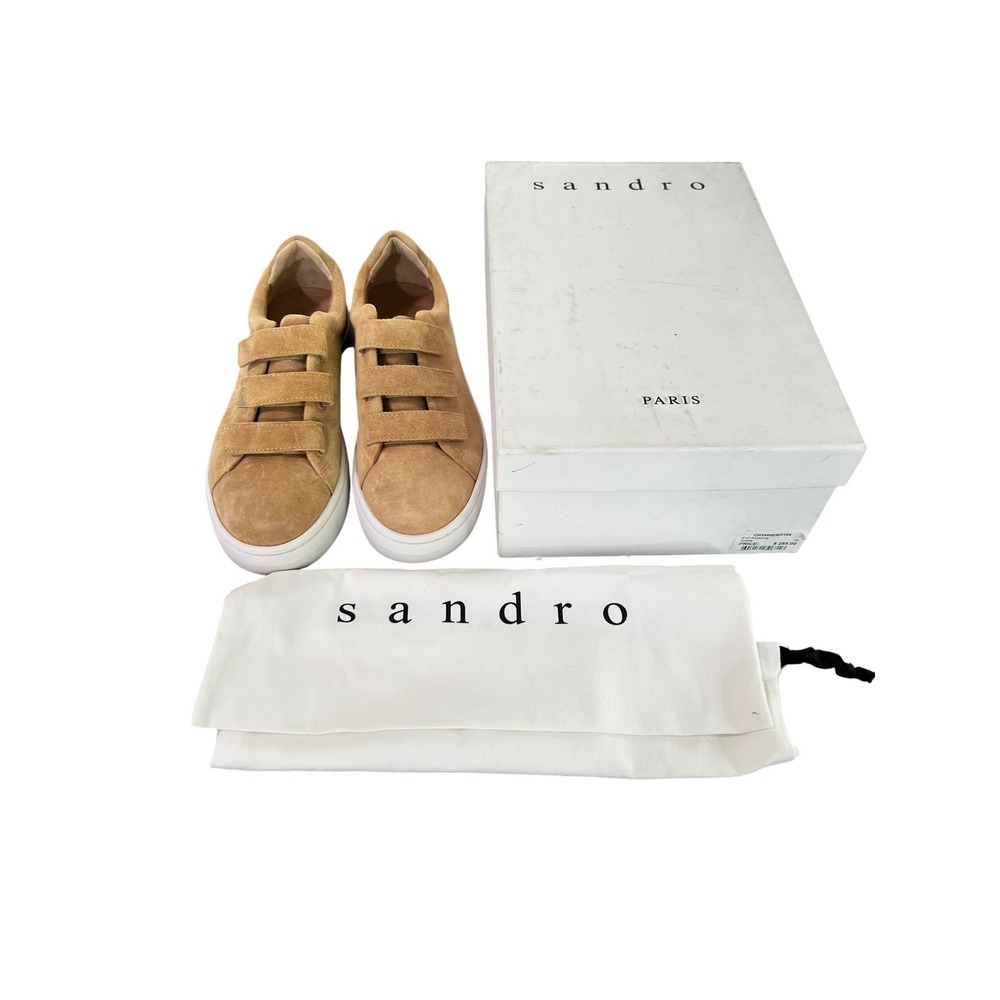 New in Box SANDRO Paris Women's Sneakers Suede Leather Mocha Cream Size 39 - Picture 2 of 14